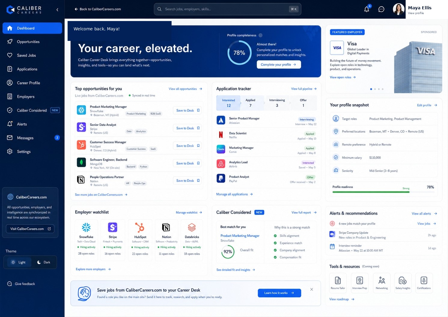 Caliber Career Desk dashboard showing opportunities and application activity